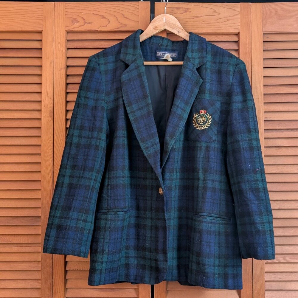 Vintage Herman Geist Blue Green Plaid Blazer with Crest Emblem -